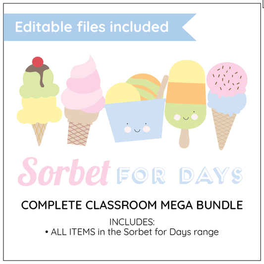 Promotional graphic for 'Sorbet for Days' classroom mega bundle with ice cream cone illustrations.