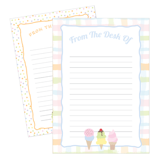 Two note paper sheets with pastel border designs and ice cream illustrations.