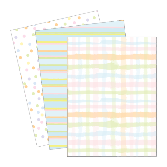 Set of three sheets with different pastel pattern designs on a white background