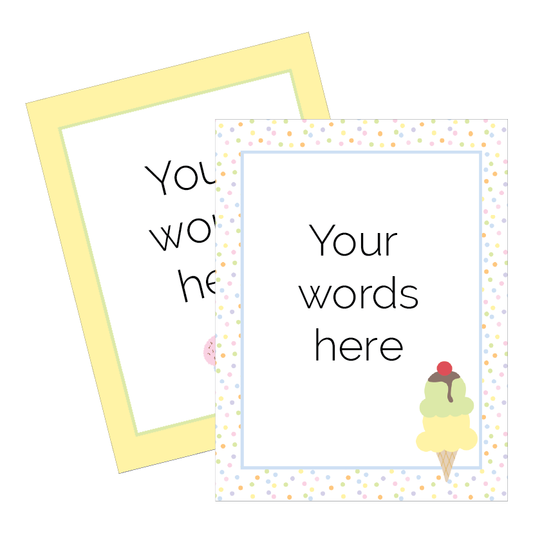 Two customisable greeting cards with ice cream illustration and text space on a white background