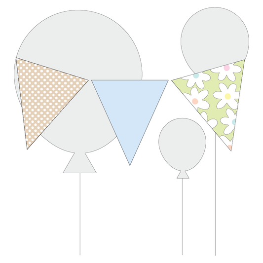 Decorative paper bunting flags with different patterns on a white background