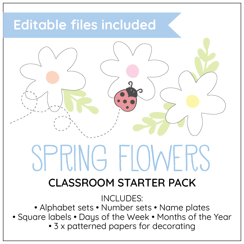 Spring flowers classroom starter pack with editable files on a white background