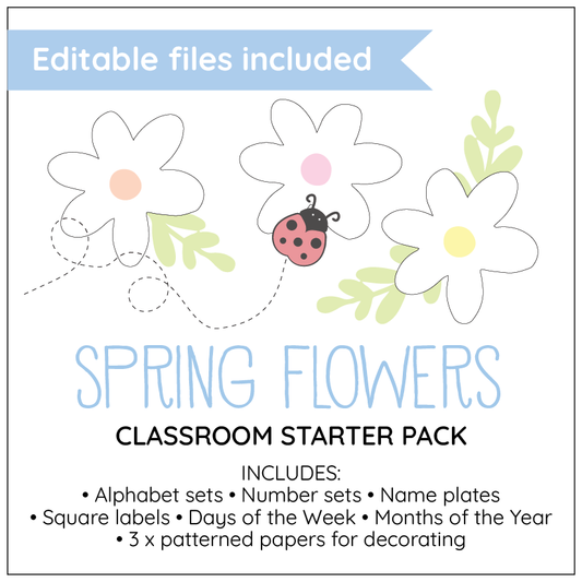 Spring flowers classroom starter pack with editable files on a white background