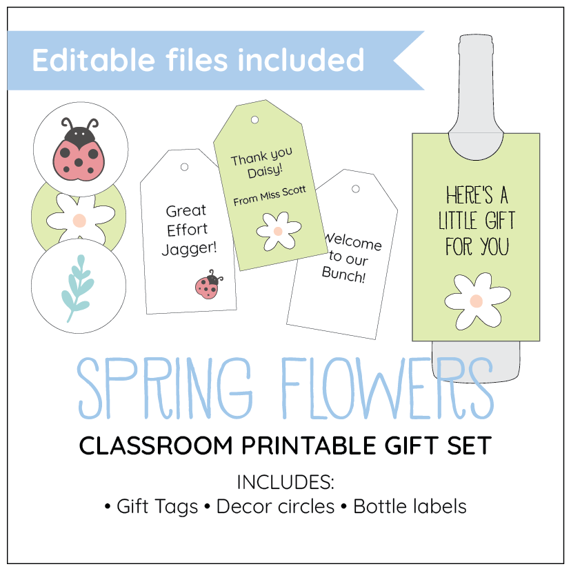 Spring-themed classroom printable gift set with tags, circles, and bottle labels on a white background.