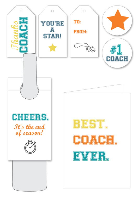 Set of coach appreciation gift tags with various messages on a white background