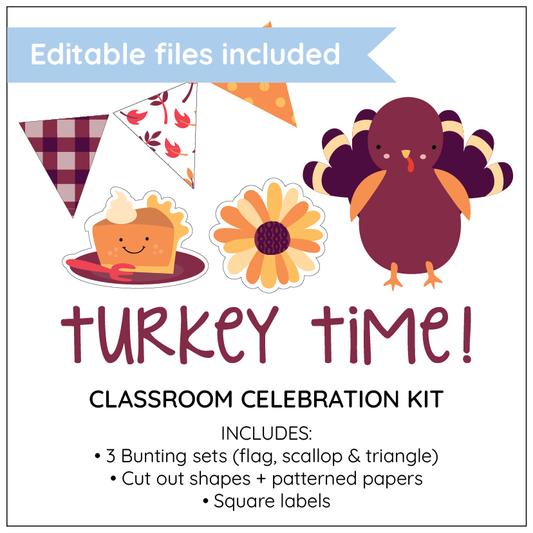 Turkey-themed classroom celebration kit with editable files included, featuring a turkey, pie, and flowers on a white background.