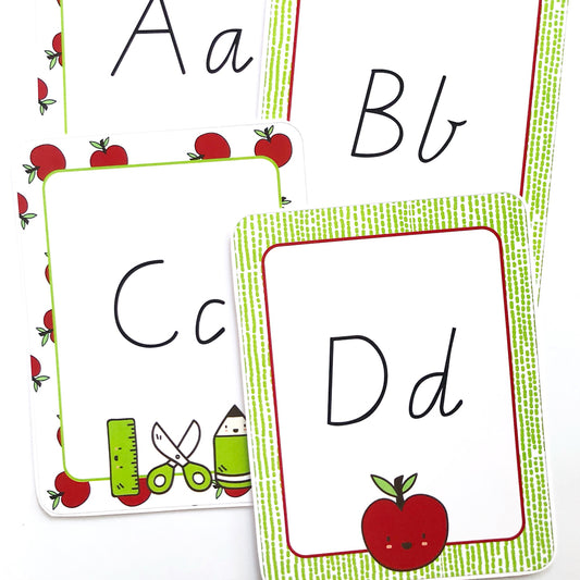 Educational Alphabet cards with bright apple designs displayed on white background. 