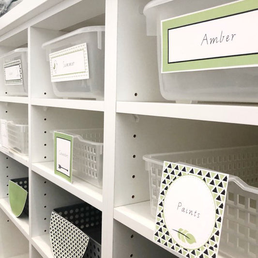 Close up image of classroom locker tubs in pigeon holes. The tubs have green and white labels on them. 