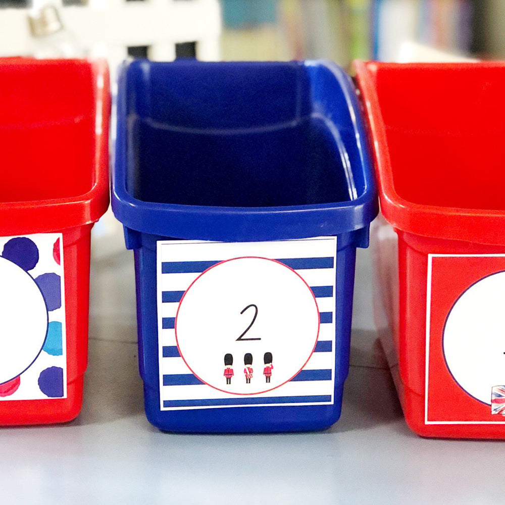 Customisable square labels featuring London Guards on red and blue classroom caddies. 