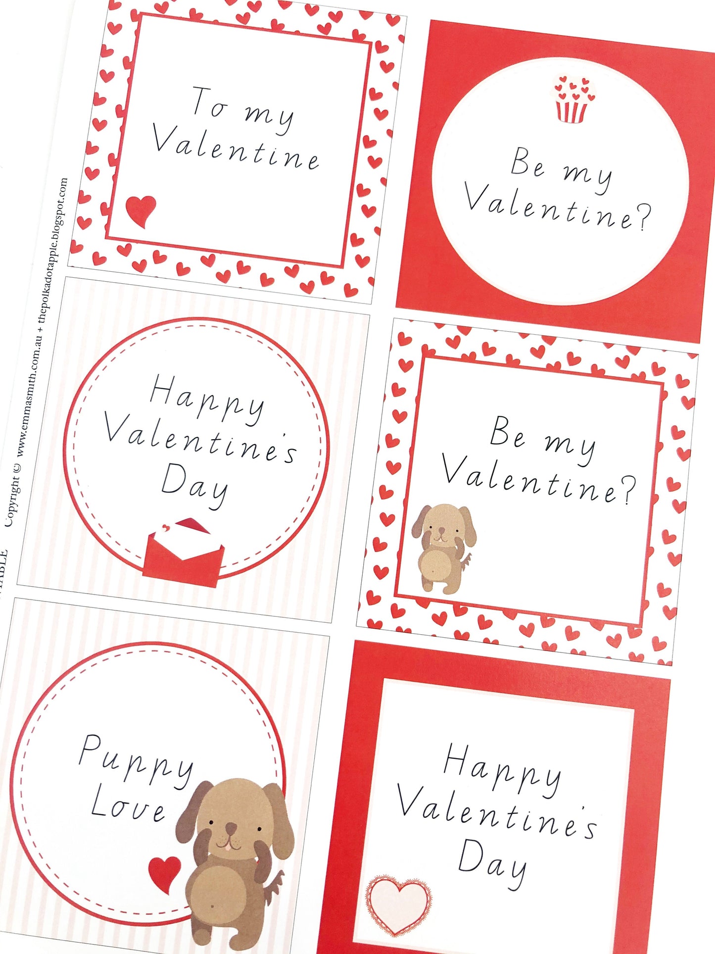 Cute valentines day customisable labels with puppy, cupcake, love letter and love hearts on white background.