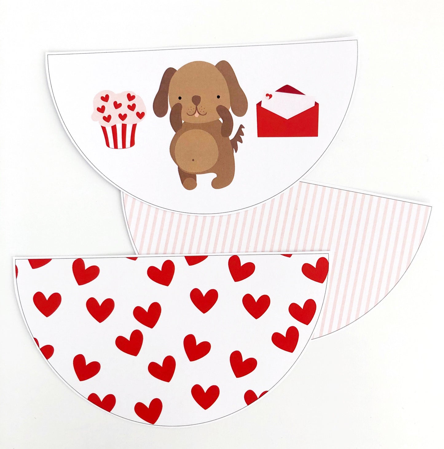 Cute valentines bunting flag with puppy and red love hearts on white background