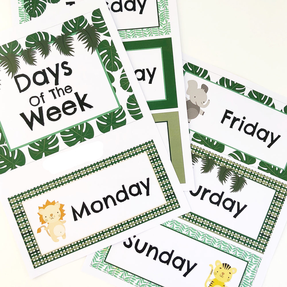Safari themed educational cards naming the days of the week displayed on white background. 
