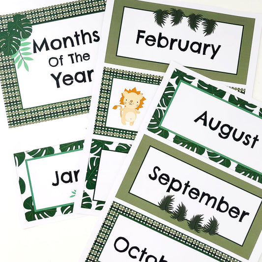 Safari themed educational cards naming the months of the year displayed on white background. 
