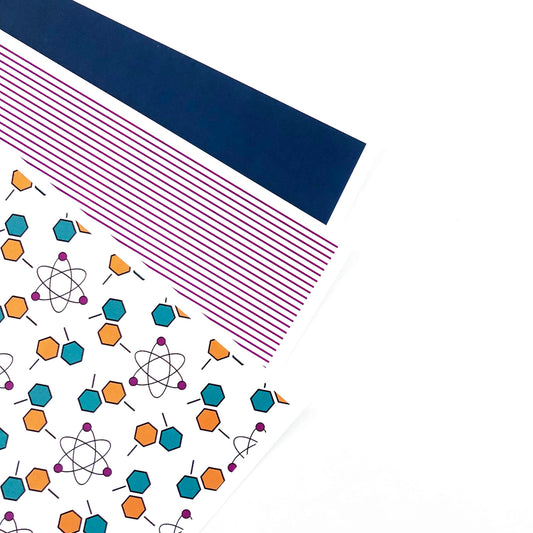 Three sheets of paper with science icons, purple stripes and navy displayed on a white background. 