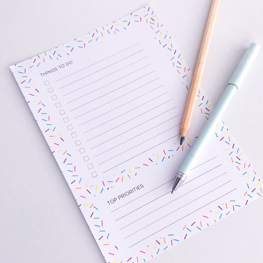 Printable to do list with sprinkle graphics in bright colours on white 