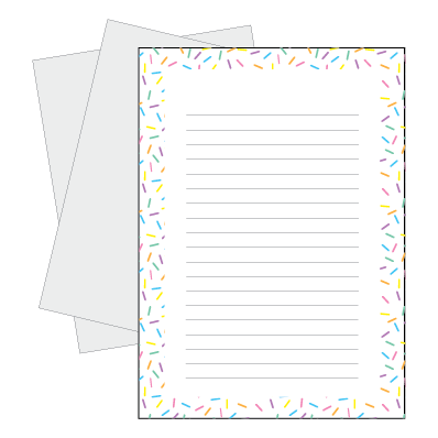 Sheets of paper with sprinkle design and lines of text on white background.