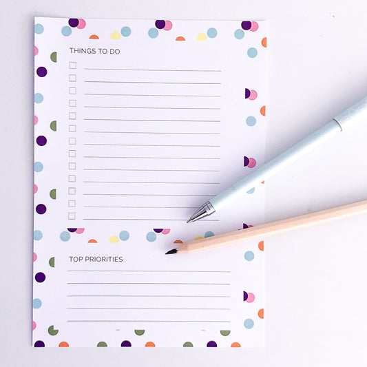 Printable to do list with confetti spots in bright colours on white background